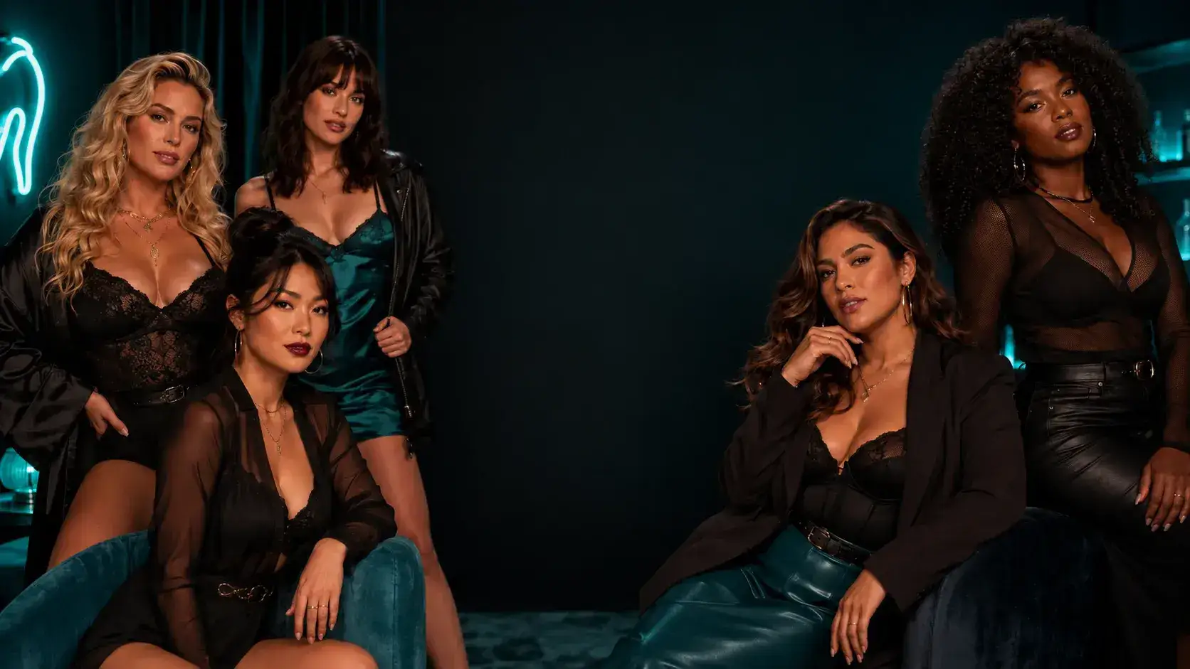 Five Fleshlight performers in a dark studio setting