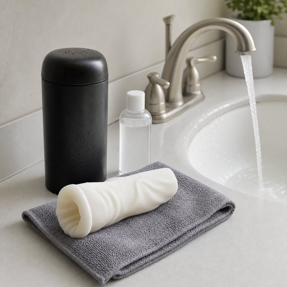 Fleshlight-style sleeve drying on a towel beside a sink