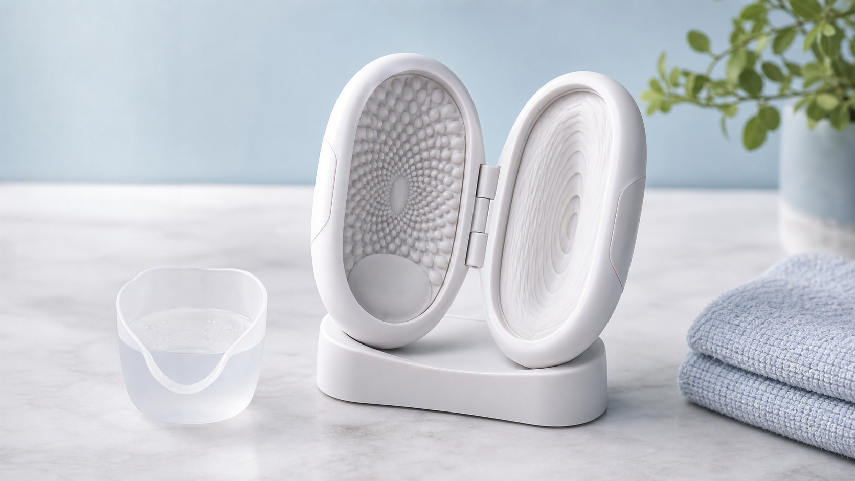 Anonymous flip-open reusable personal wellness device on a clean tabletop