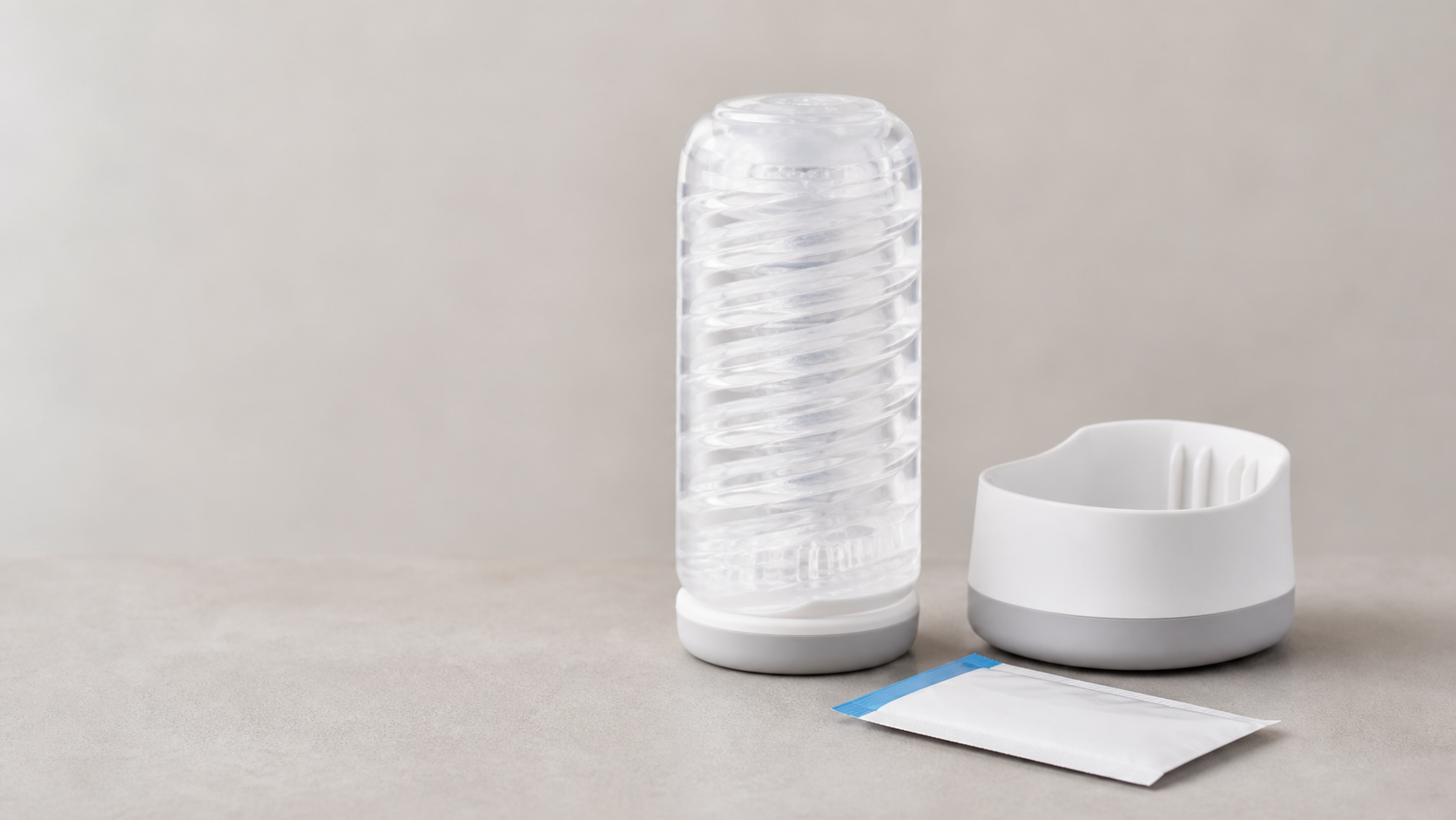 Anonymous spiral-style stroker on a clean tabletop